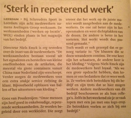Mooi artikel over onze sociale werkplaats met de Avelingen Groep